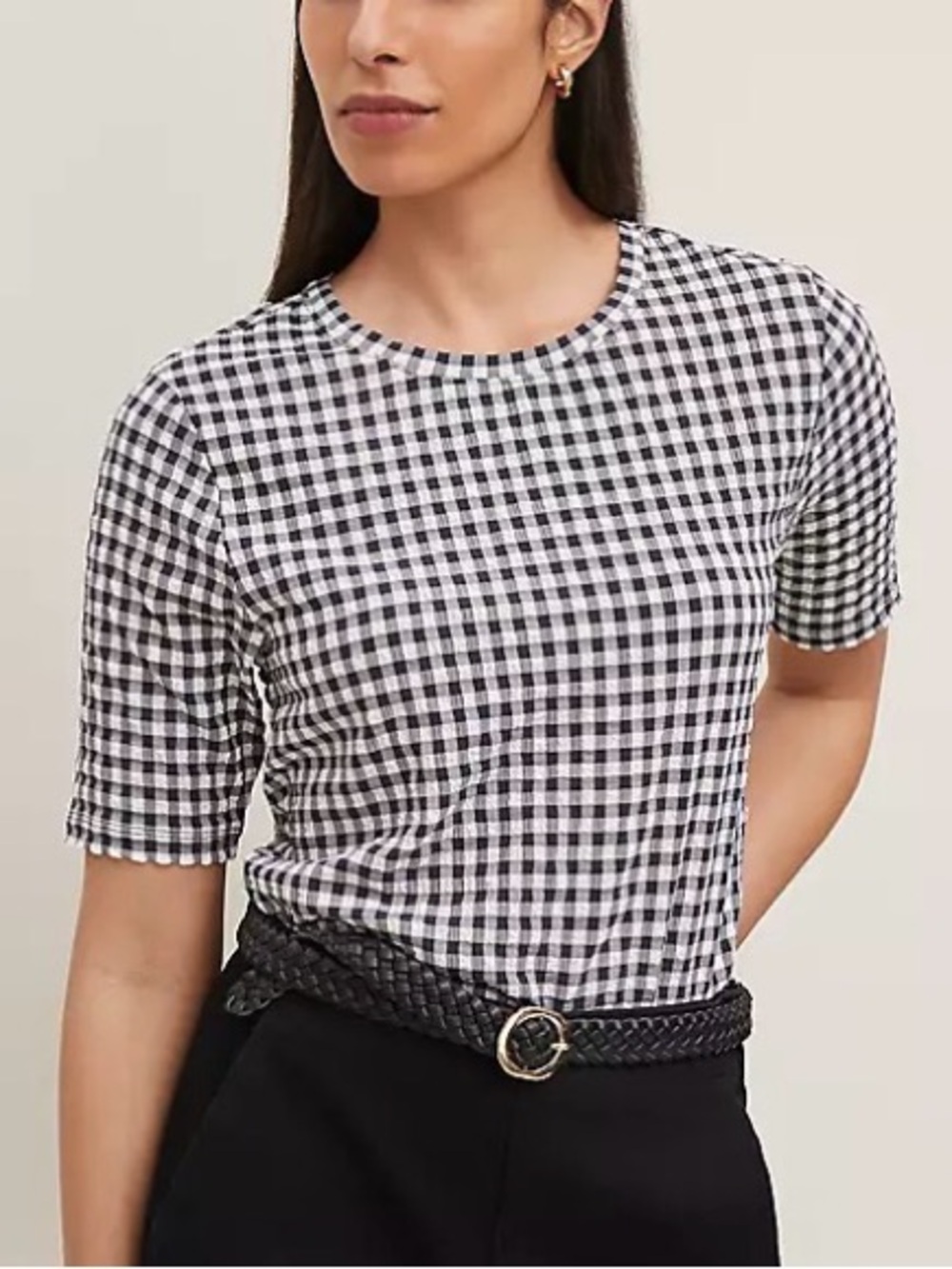Ann Taylor | Navy/White Textured Gingham Preppy Stretch Scoop-Neck Top Sz Large